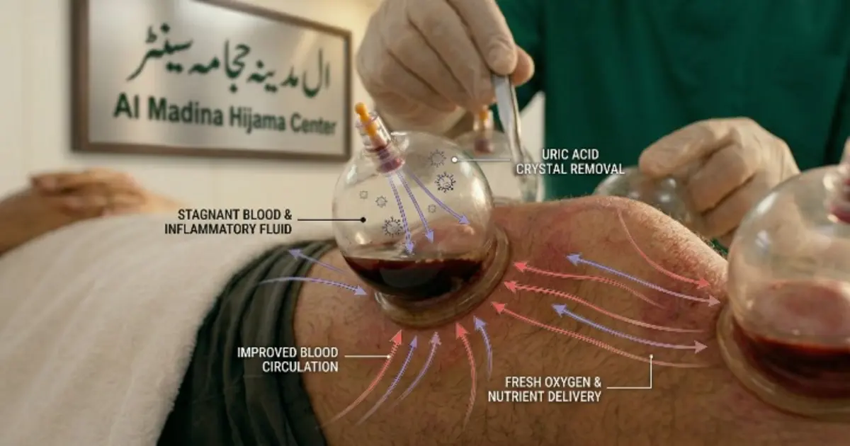 Diagram showing uric acid crystal removal, stagnant blood drainage, and improved circulation during Hijama cupping for knee pain